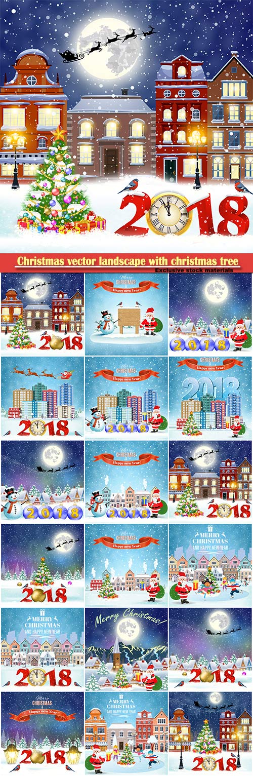 Christmas vector landscape with christmas tree and Santa Claus with gift bag