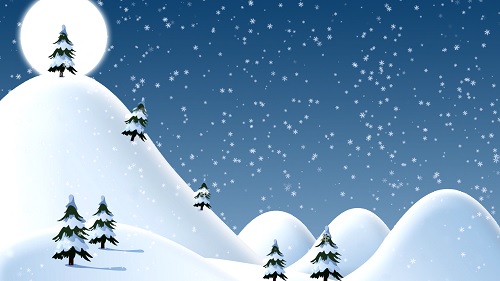 Christmas snow covered hills with trees night
