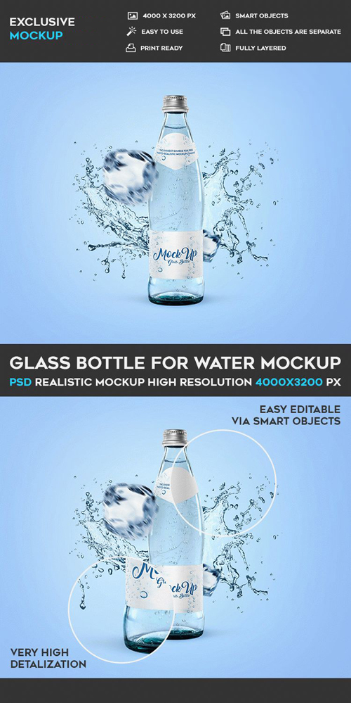 Glass Bottle for Water Mockup PSD Template