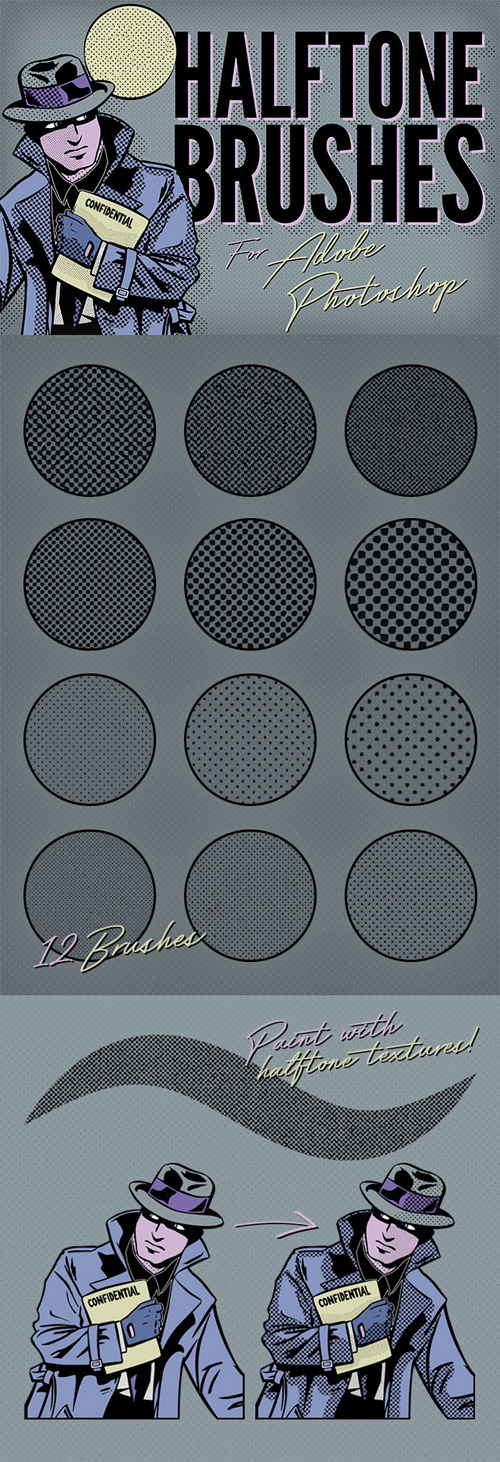 12 Halftone Texture Brushes for Photoshop (ABR)