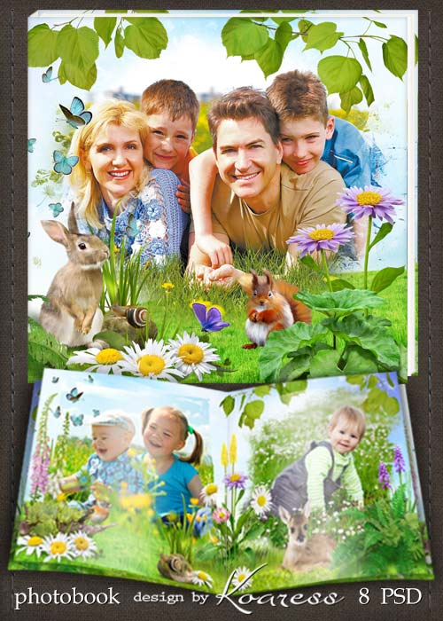 Шаблон детской, семейной фотокниги для фотошопа - Прогулка в летнем лесу