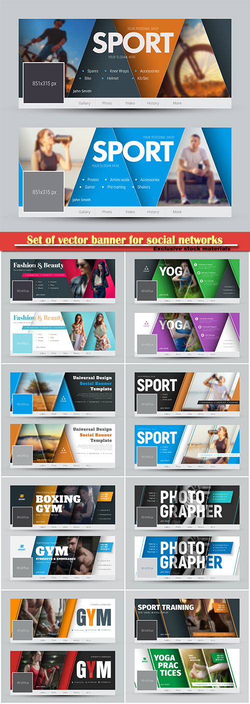 Set of vector banner for social networks with diagonal lines and a place for photos