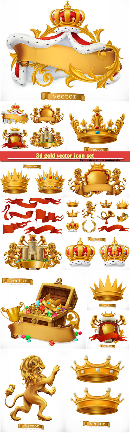 3d gold vector icon set, crown of the king, laurel wreath, trumpet, lion, r ...