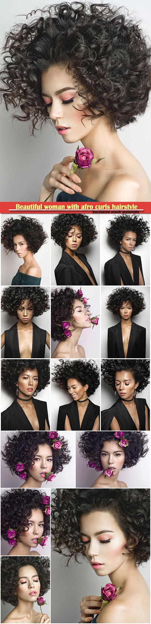 Beautiful woman with afro curls hairstyle with rose