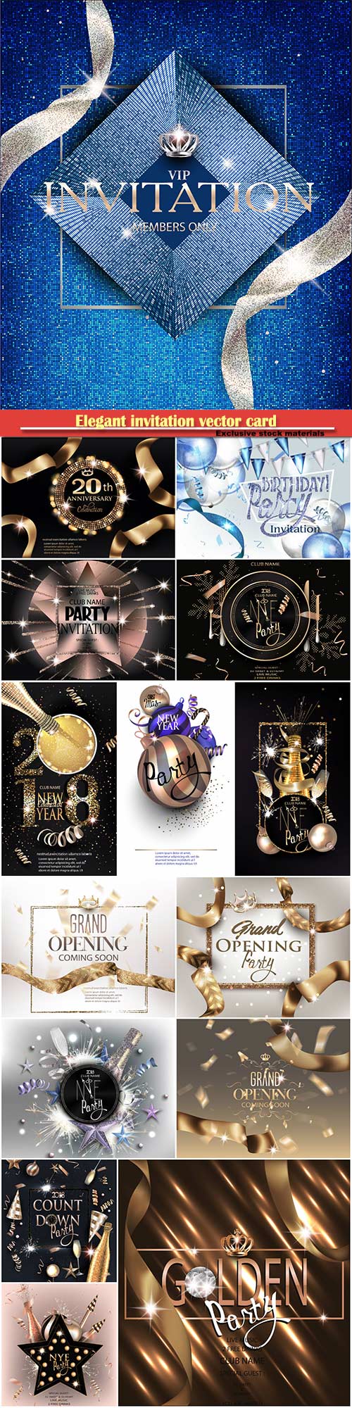 Elegant invitation vector card with sparkling ribbons and vintage design elements