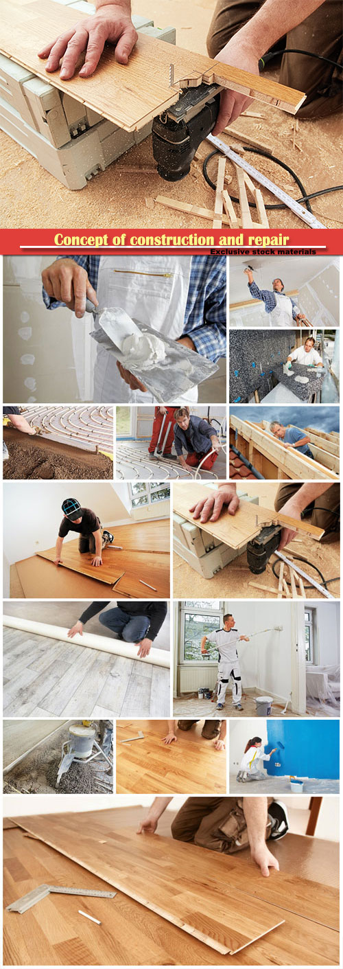 Concept of construction and repair, parquet installation, mounting thermal  ...