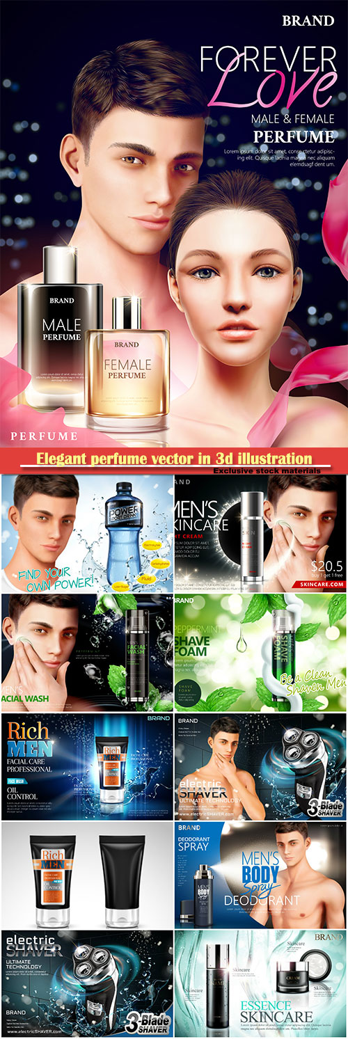 Elegant perfume vector, perfume for man and woman in 3d illustration