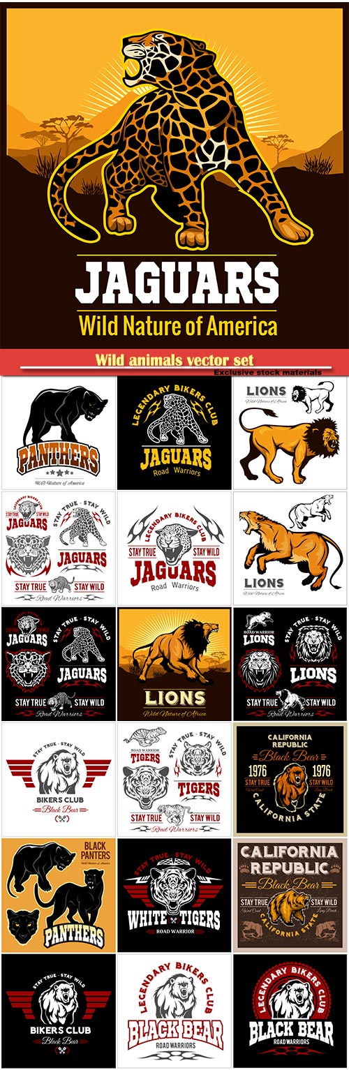 Wild animals vector set, club t-shirt vector logo, lion, tiger, leopard, panther, bear