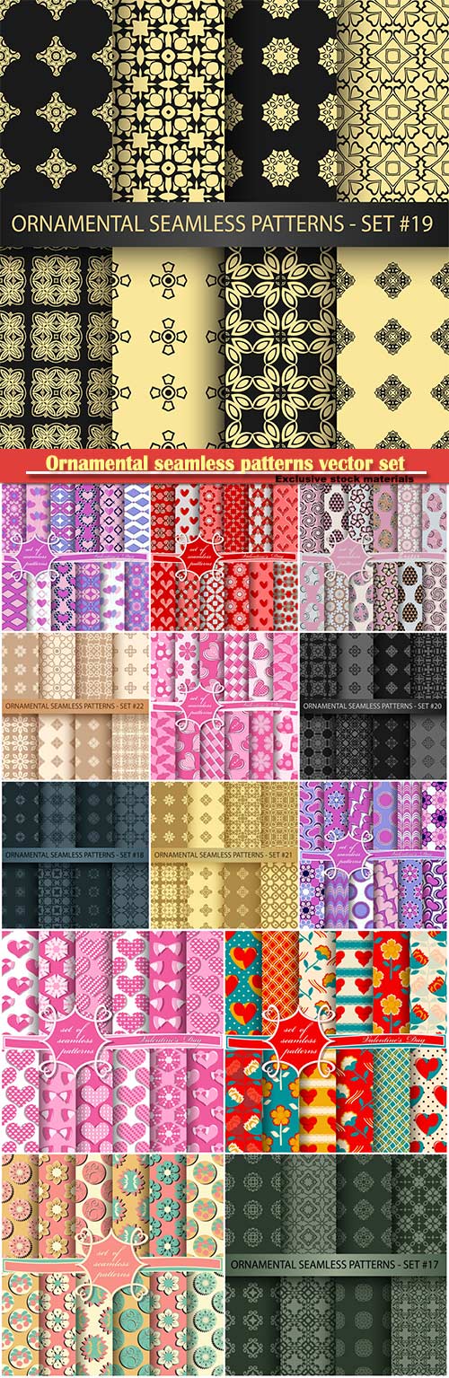 Ornamental seamless patterns vector set with decorative flowers